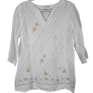 Edward White Irish 100% Linen Nat. Fiber Gold Embroidered V-Neck Tunic Classic